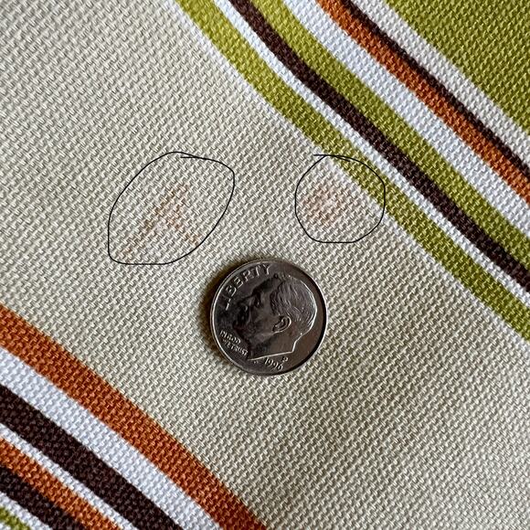 JCPenny Home Studio  retro stripped 69" round tablecloth green, orange, brown - Picture 5 of 8